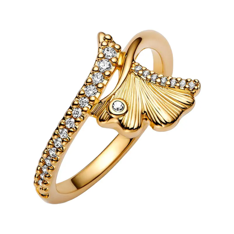 Gingko Leaf Wavy Stack Finger Rings For Women Wedding Bands Shine Gold Jewelry Brezel Pave Setting Clear Zircons Love Hope Peace