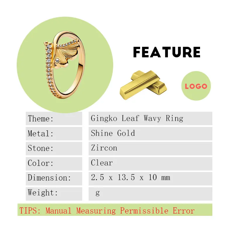 Gingko Leaf Wavy Stack Finger Rings For Women Wedding Bands Shine Gold Jewelry Brezel Pave Setting Clear Zircons Love Hope Peace