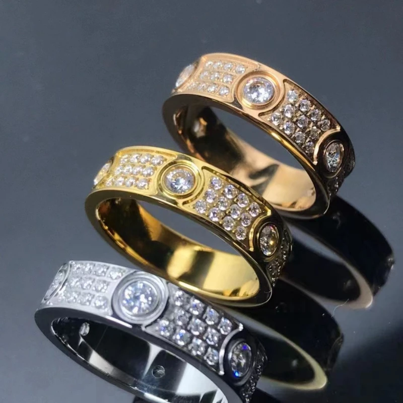 Electroplated 18K Gold Non Fading Stainless Steel Three Row Full Diamond Women's Love Ring Boy Jewelry Wedding Birthday Gift