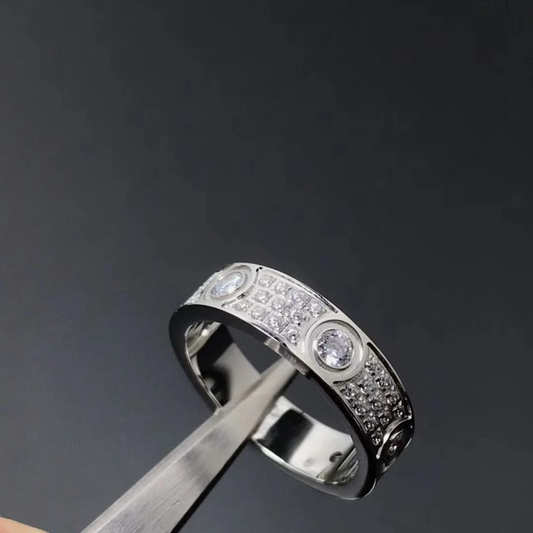 Electroplated 18K Gold Non Fading Stainless Steel Three Row Full Diamond Women's Love Ring Boy Jewelry Wedding Birthday Gift