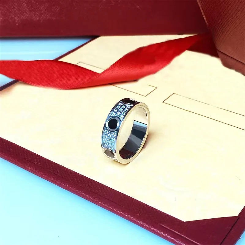 Electroplated 18K Gold Non Fading Stainless Steel Three Row Full Diamond Women's Love Ring Boy Jewelry Wedding Birthday Gift