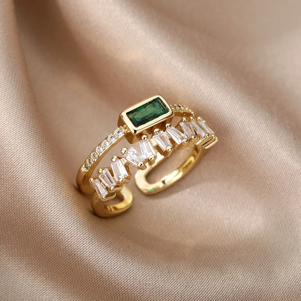Double Layer Zircon Rings For Women Luxury Open Stainless Steel Ring Green Crystal Couple Jewelry Valentines Day Gift anillosPro