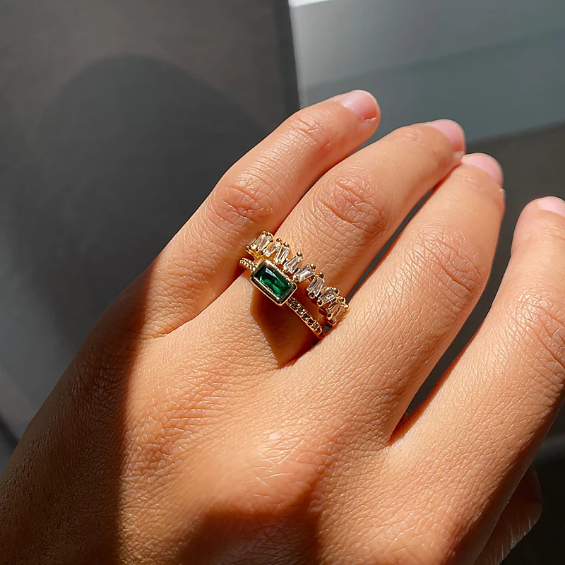 Double Layer Zircon Rings For Women Luxury Open Stainless Steel Ring Green Crystal Couple Jewelry Valentines Day Gift anillosPro