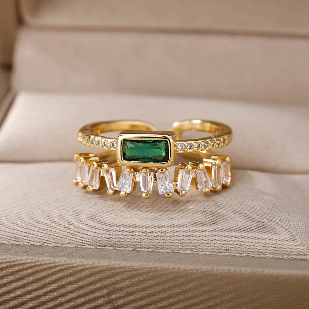 Double Layer Zircon Rings For Women Luxury Open Stainless Steel Ring Green Crystal Couple Jewelry Valentines Day Gift anillosPro