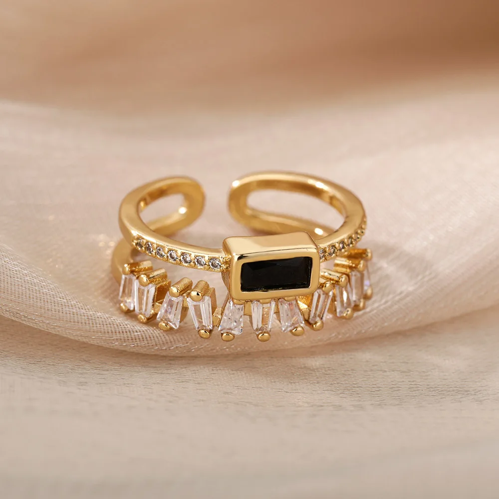 Double Layer Zircon Rings For Women Luxury Open Stainless Steel Ring Green Crystal Couple Jewelry Valentines Day Gift anillosPro