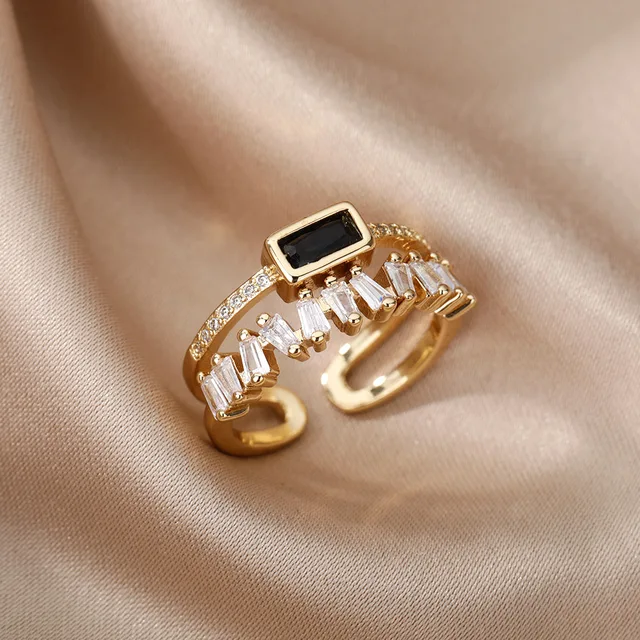 Double Layer Zircon Rings For Women Luxury Open Stainless Steel Ring Green Crystal Couple Jewelry Valentines Day Gift anillosPro