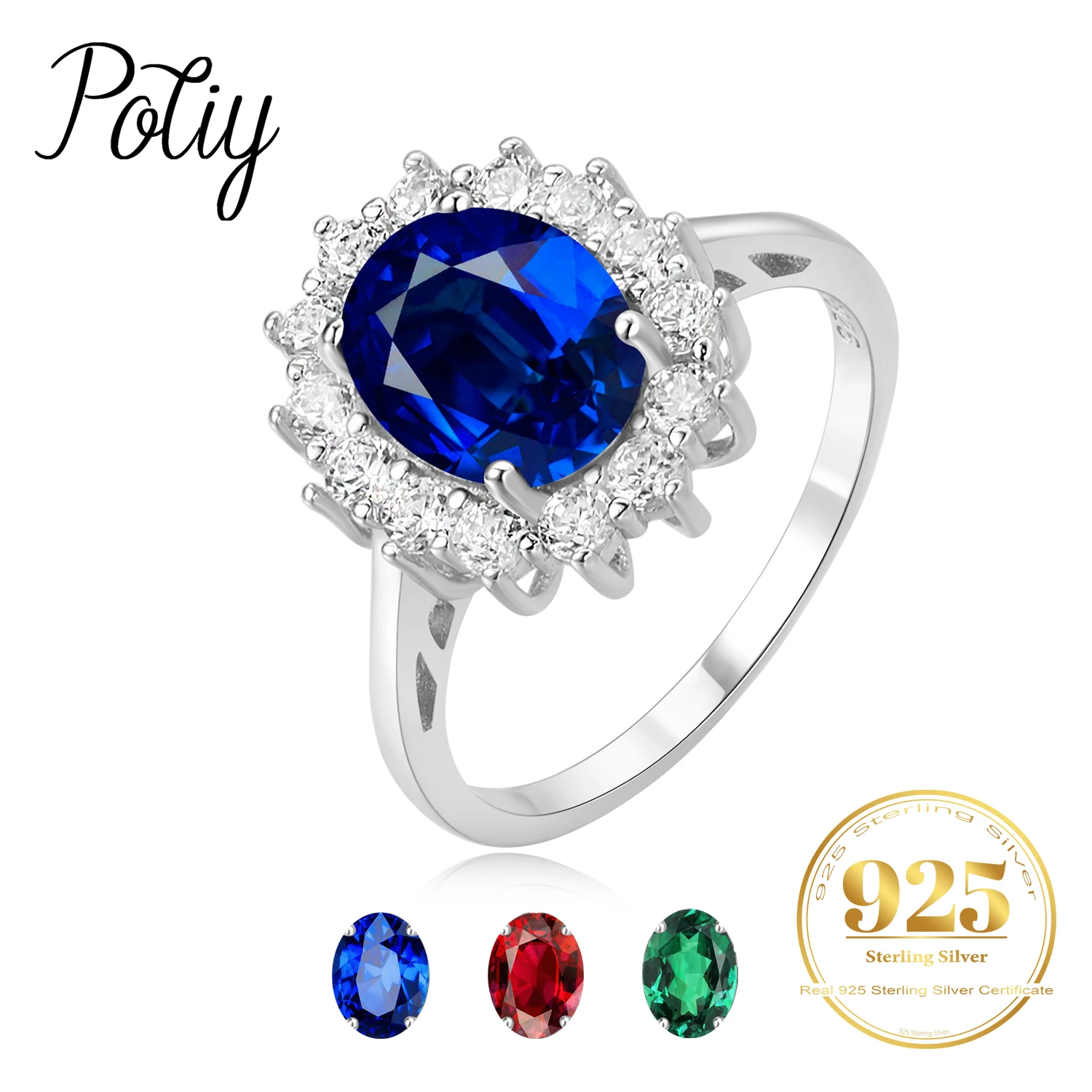 Potiy Oval 2.67ct Created Sapphire Ruby Nano Emerald Princess Diana Halo Ring 925 Sterling Silver Women Wedding Party Jewelry