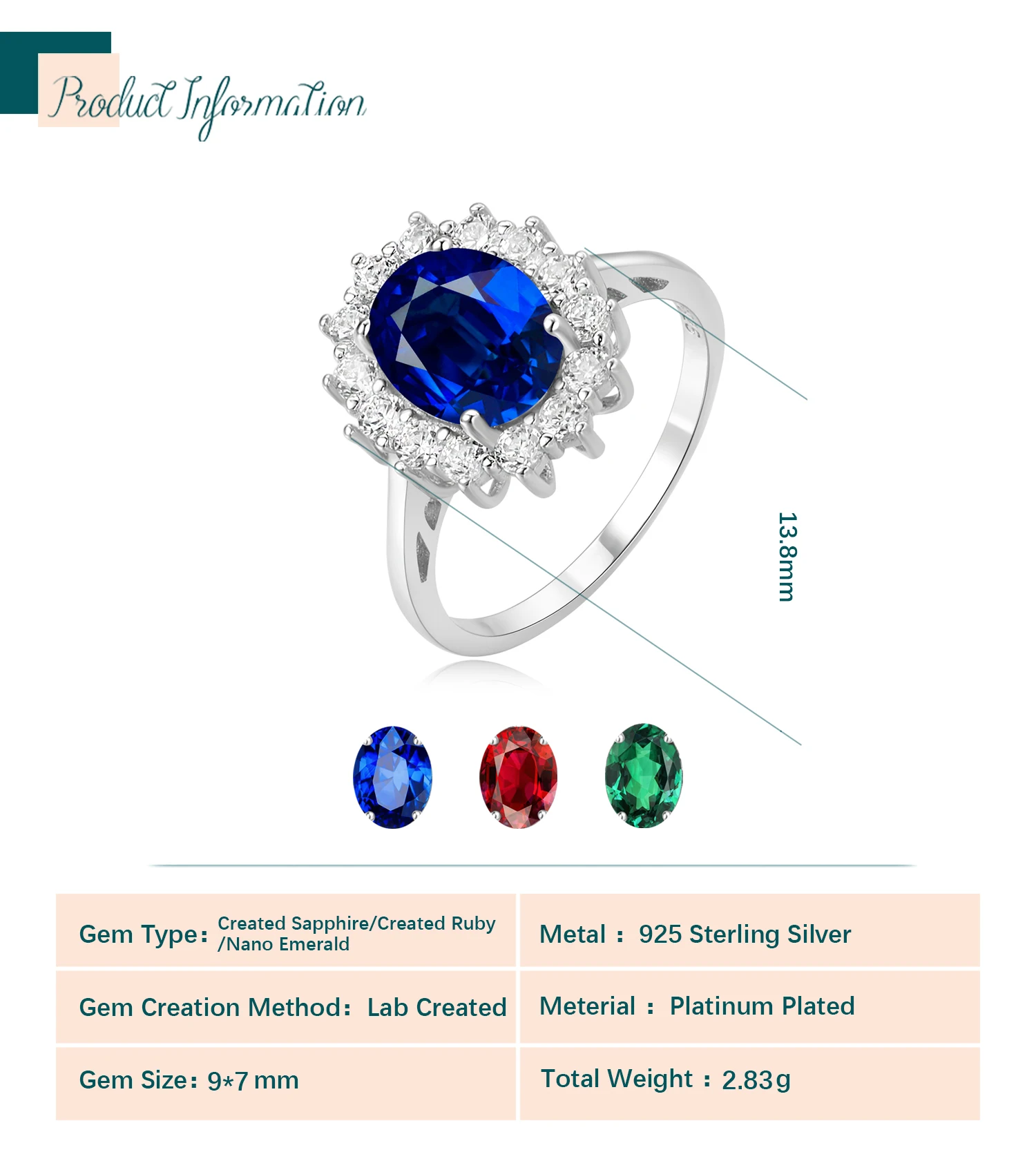 Potiy Oval 2.67ct Created Sapphire Ruby Nano Emerald Princess Diana Halo Ring 925 Sterling Silver Women Wedding Party Jewelry