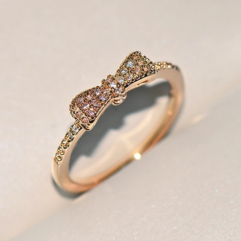 2021 NEW Cute Gold Bowknot Bow Rings S925 Silver with Zircon  Stone for Women Fashion Wedding Engagement Jewelry Drop Shipping