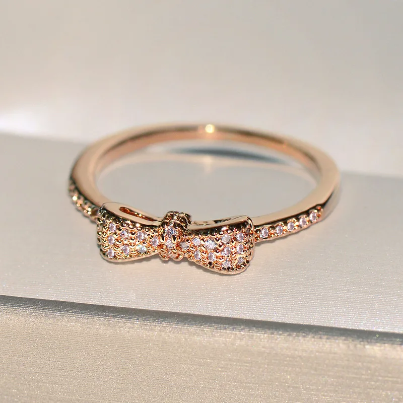 2021 NEW Cute Gold Bowknot Bow Rings S925 Silver with Zircon  Stone for Women Fashion Wedding Engagement Jewelry Drop Shipping