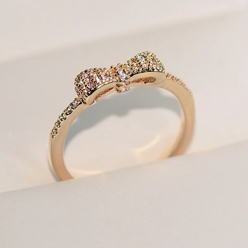 2021 NEW Cute Gold Bowknot Bow Rings S925 Silver with Zircon  Stone for Women Fashion Wedding Engagement Jewelry Drop Shipping