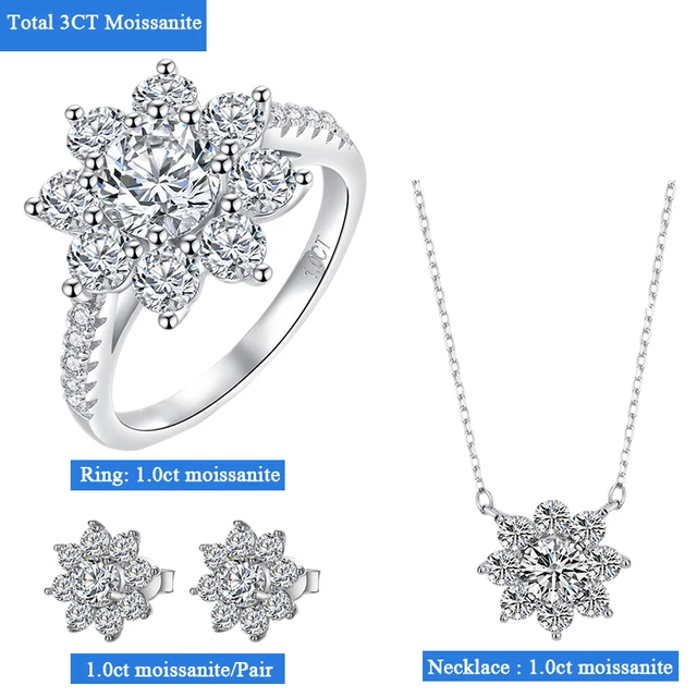 Moissanite Luxury Sun Flower Ring 2 Carat Diamond Lotus Ring Women Fancy Wedding Rings Sterling Silver Fine Jewelry Set