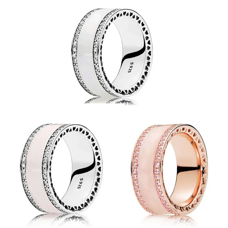 Authentic 925 Sterling Silver Sparkling Enamel & Clear Heart  With Crystal Ring For Women Wedding Party Europe Fashion Jewelry