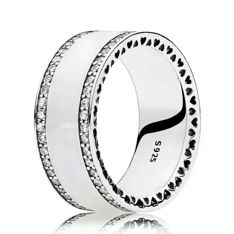 Authentic 925 Sterling Silver Sparkling Enamel & Clear Heart  With Crystal Ring For Women Wedding Party Europe Fashion Jewelry