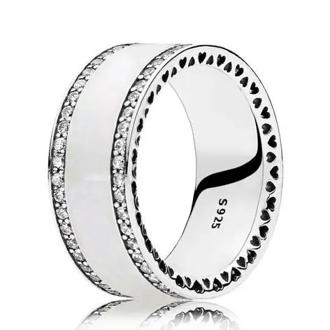 Authentic 925 Sterling Silver Sparkling Enamel & Clear Heart  With Crystal Ring For Women Wedding Party Europe Fashion Jewelry