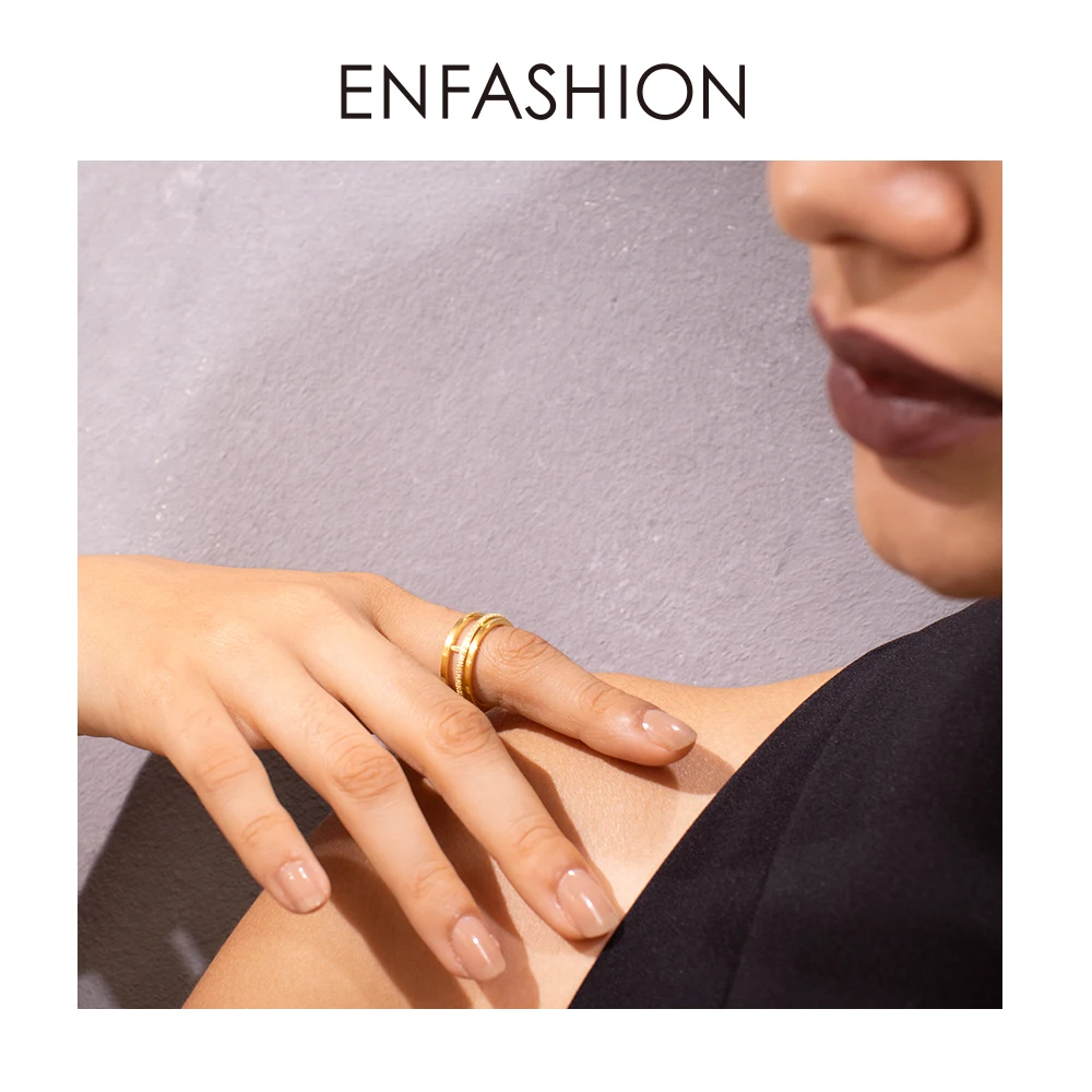 ENFASHION Crystal Geometric Hollow Rings For Women Gold Color Stainless Steel Movable Circle Ring Fashion Jewelry Gifts R194023