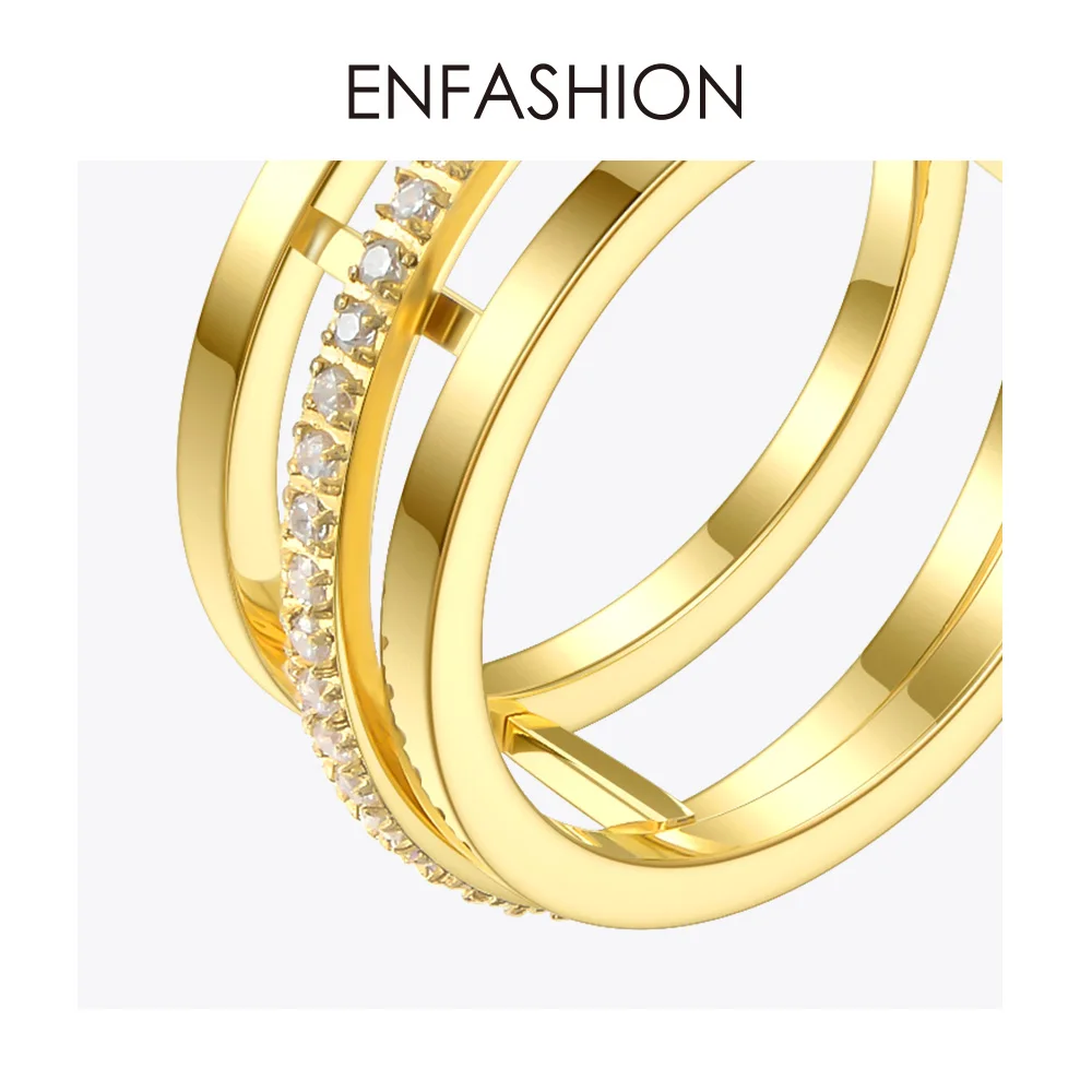 ENFASHION Crystal Geometric Hollow Rings For Women Gold Color Stainless Steel Movable Circle Ring Fashion Jewelry Gifts R194023