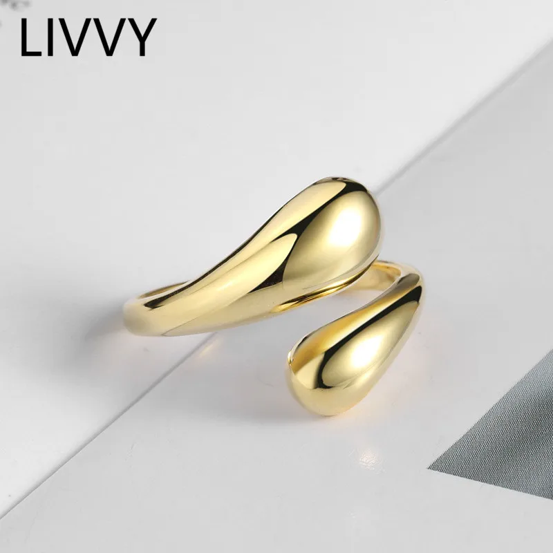 LIVVY Silver Color Open Ring Smooth Drop Personality Adjustable Ring Fine Jewelry For Women Party Accessories 2021 TrendProduct 