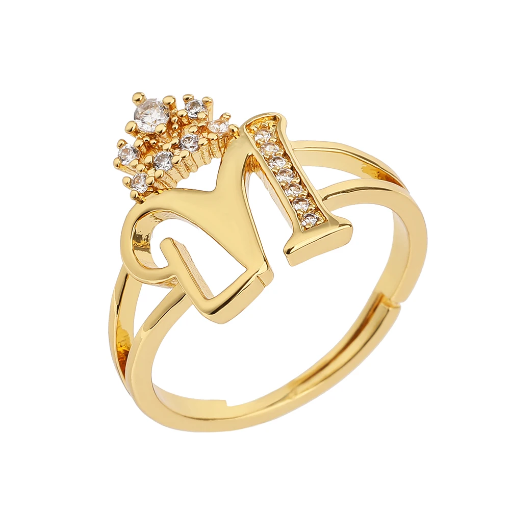 Zircon Crown Open Letter Ring For Women Micro Pave Zirconia Adjustable Gold Color Copper Rings Fashion Jewels CZ Birthday Gifts