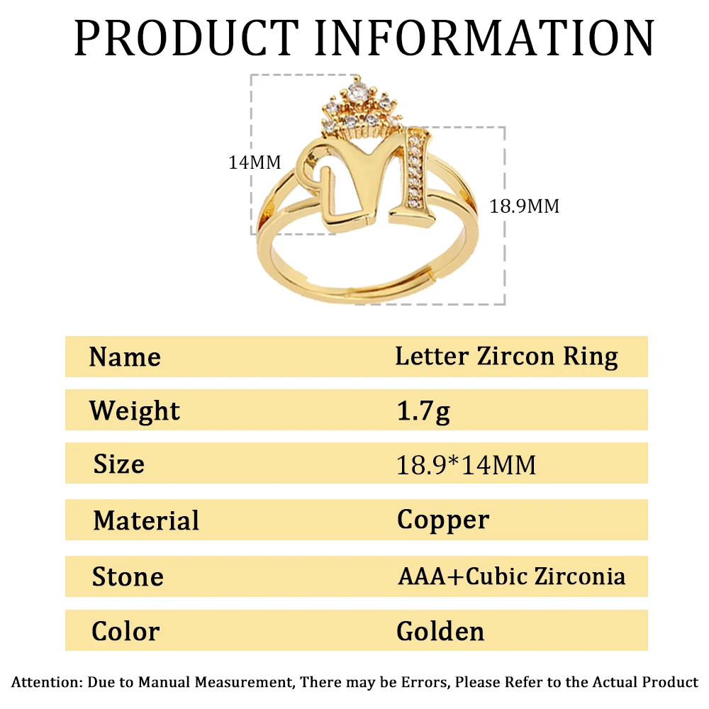 Zircon Crown Open Letter Ring For Women Micro Pave Zirconia Adjustable Gold Color Copper Rings Fashion Jewels CZ Birthday Gifts