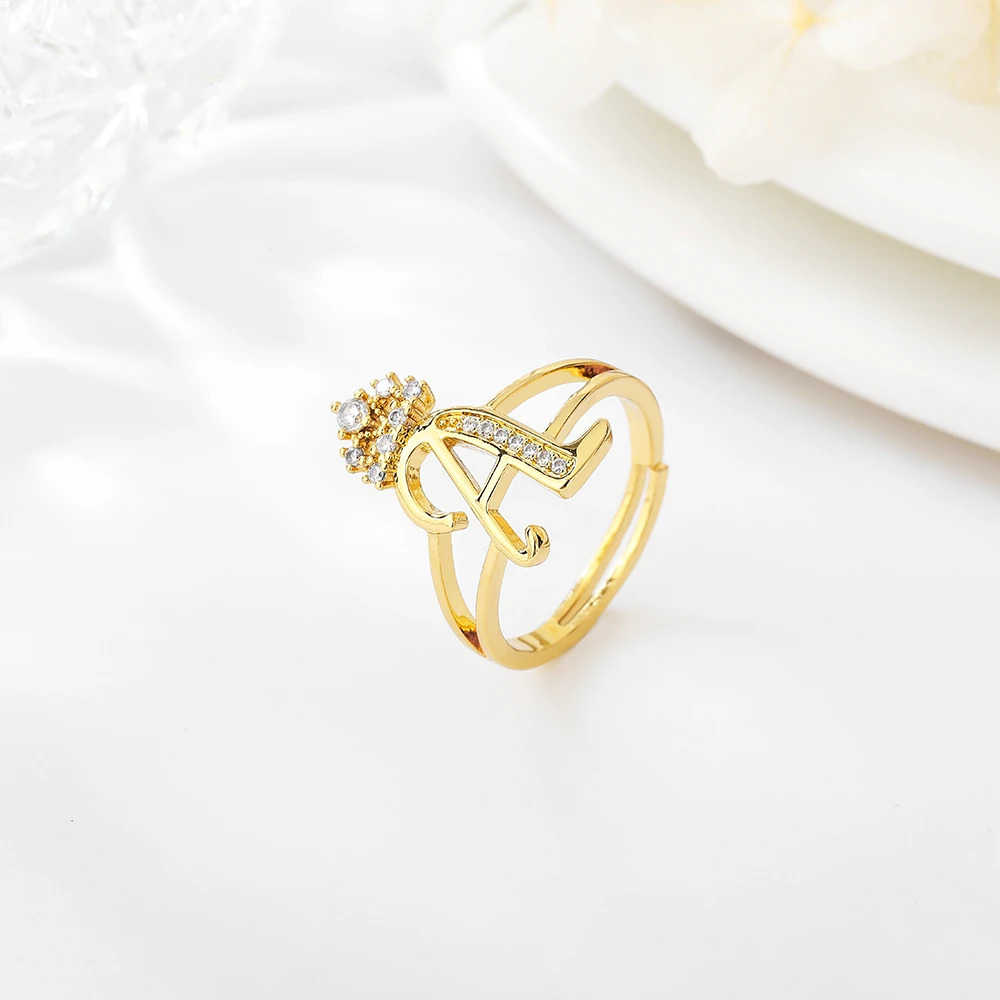Zircon Crown Open Letter Ring For Women Micro Pave Zirconia Adjustable Gold Color Copper Rings Fashion Jewels CZ Birthday Gifts