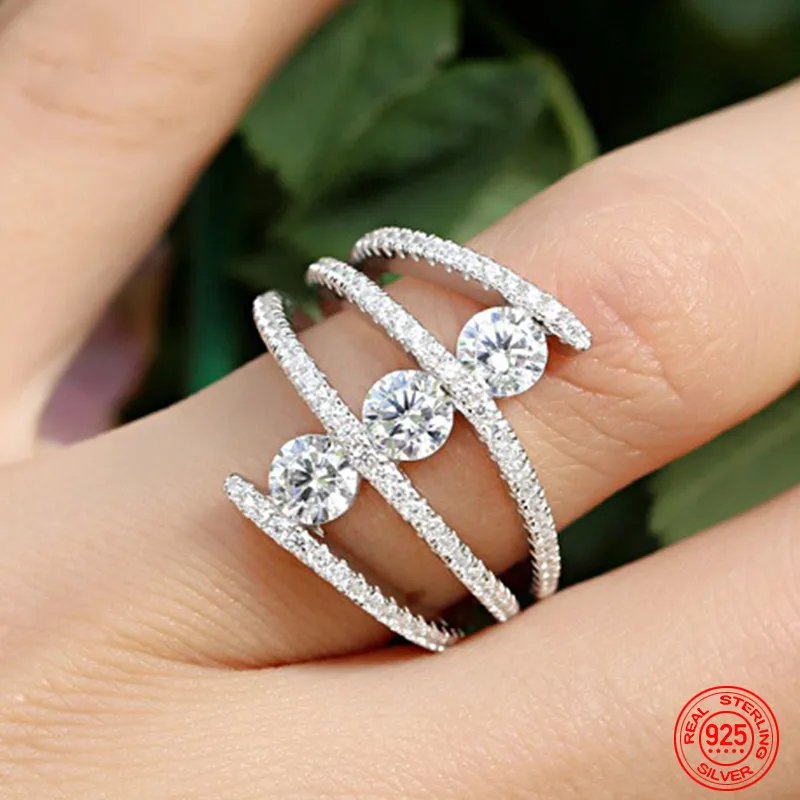 Women 925 Sterling Silver Round Zircon Inlaid Rings Fashion Jewelry