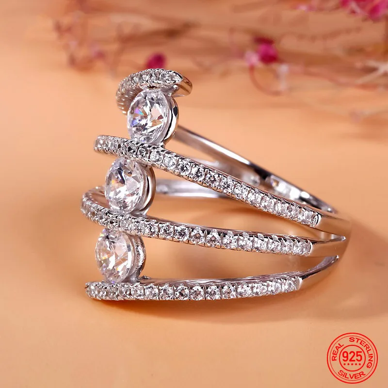 Women 925 Sterling Silver Round Zircon Inlaid Rings Fashion Jewelry