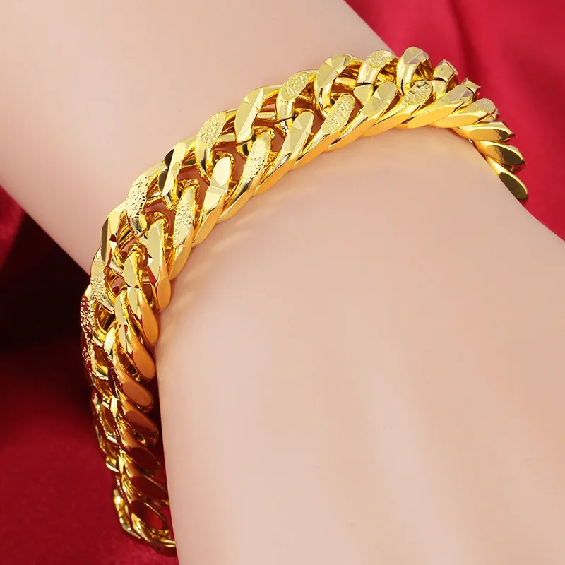 Men Women 12MM 24K Pure Gold Color Chain Bracelet Bangles Wristband Jewelry