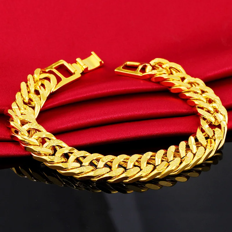 Men Women 12MM 24K Pure Gold Color Chain Bracelet Bangles Wristband Jewelry