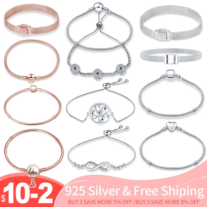 Women 925 Sterling Silver Original Genuine Certified Rose Gold Luxury Charm Beads Bracelet Snake Chain Jewelry Flat Bracelet