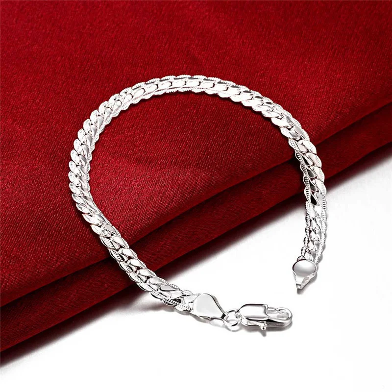 Women Men 8 Inch 18K Gold 5MM Sideways Chain Bracelet Fashion Wedding Engagement 925 Sterling Silver Jewelry Gifts