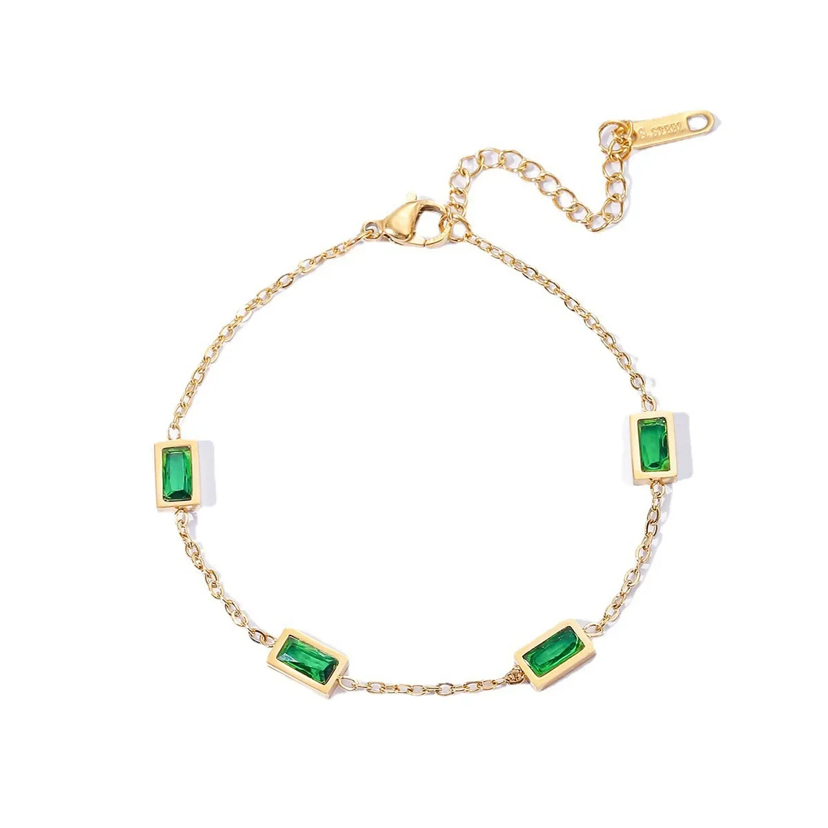 Bohemian Retro Stainless Steel Gold Plated Chain Emerald Zircon Bracelet For Women Girls Elegant Trendy Jewelry Set Party Gift