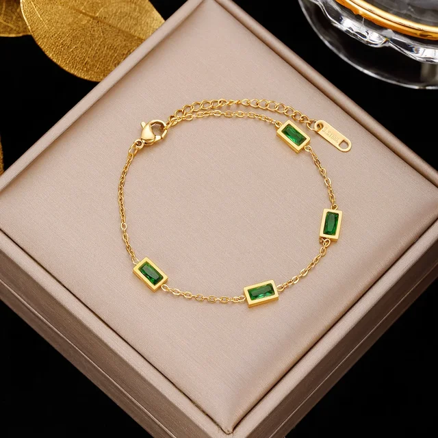 Bohemian Retro Stainless Steel Gold Plated Chain Emerald Zircon Bracelet For Women Girls Elegant Trendy Jewelry Set Party Gift