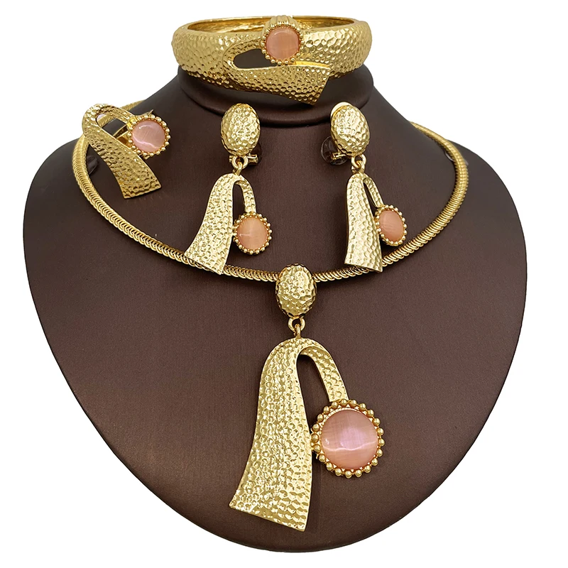 Women Opal Design Earring Necklace Bangle Ring 4Pcs Set Jewelry Set