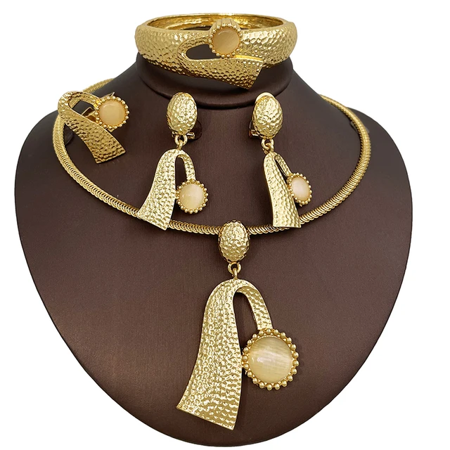 Women Opal Design Earring Necklace Bangle Ring 4Pcs Set Jewelry Set
