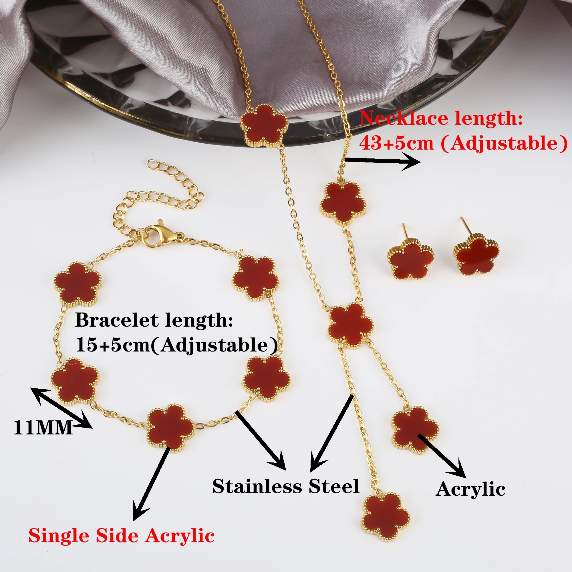 Women Stainless Steel Acrylic Plum Blossom Necklace Jewelry Set Earrings Bracelet Luxury Jewelry Gift