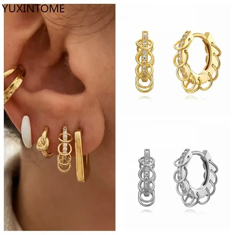 Women 925 sterling silver ear needle multi-ring earrings buckle full of diamonds hoop earrings gold earrings fashion jewelry