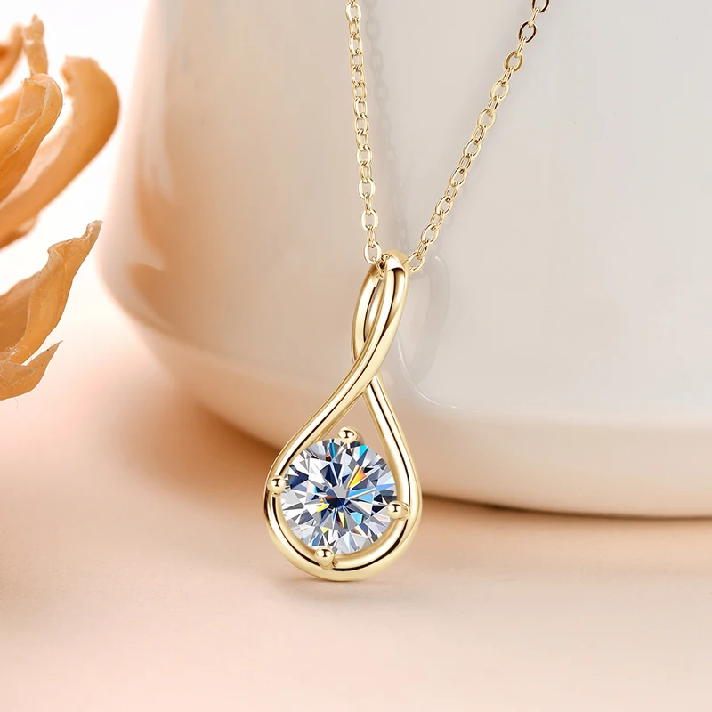 Women 18K Gold Plated Solitaire Round 8mm 2ct Moissanite Infinity Pendant Necklace 925 Sterling Silver Teardrop D Color Diamond