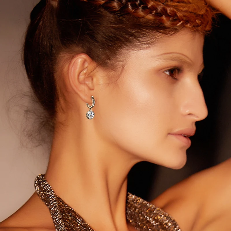 Women Hoop Earrings 6.5mm Real Moissanite Dangle Huggie Drop Earrings Silver 925 Original Jewelry