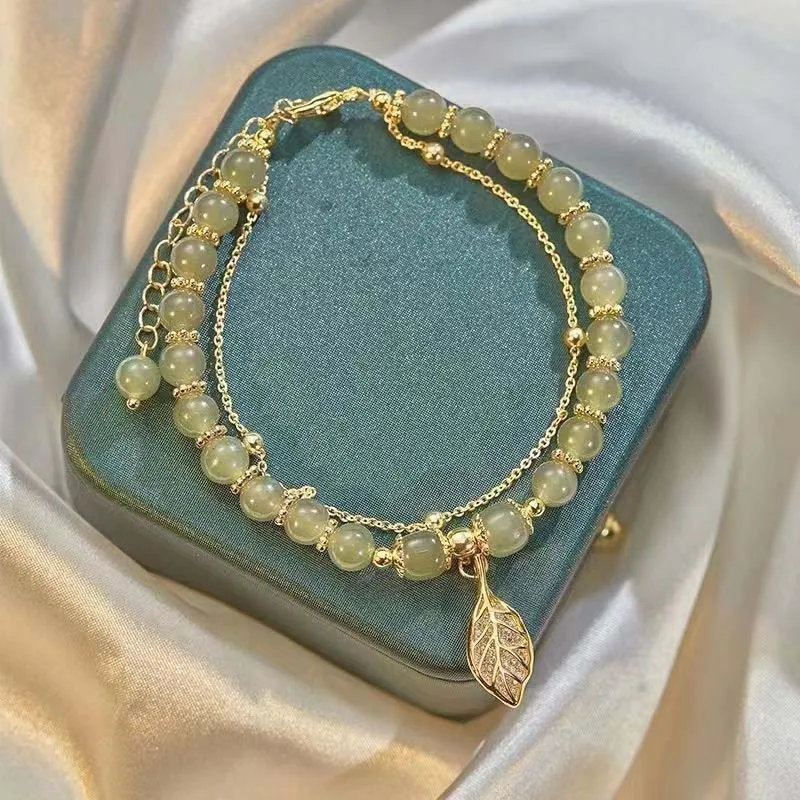 Women Chinese Style Green Hetian Jade Vintage Gold Color Leaves Double Layer Beaded Bracelet Jewelry