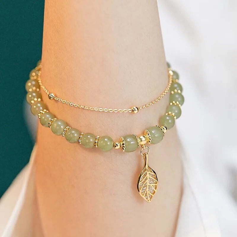 Women Chinese Style Green Hetian Jade Vintage Gold Color Leaves Double Layer Beaded Bracelet Jewelry