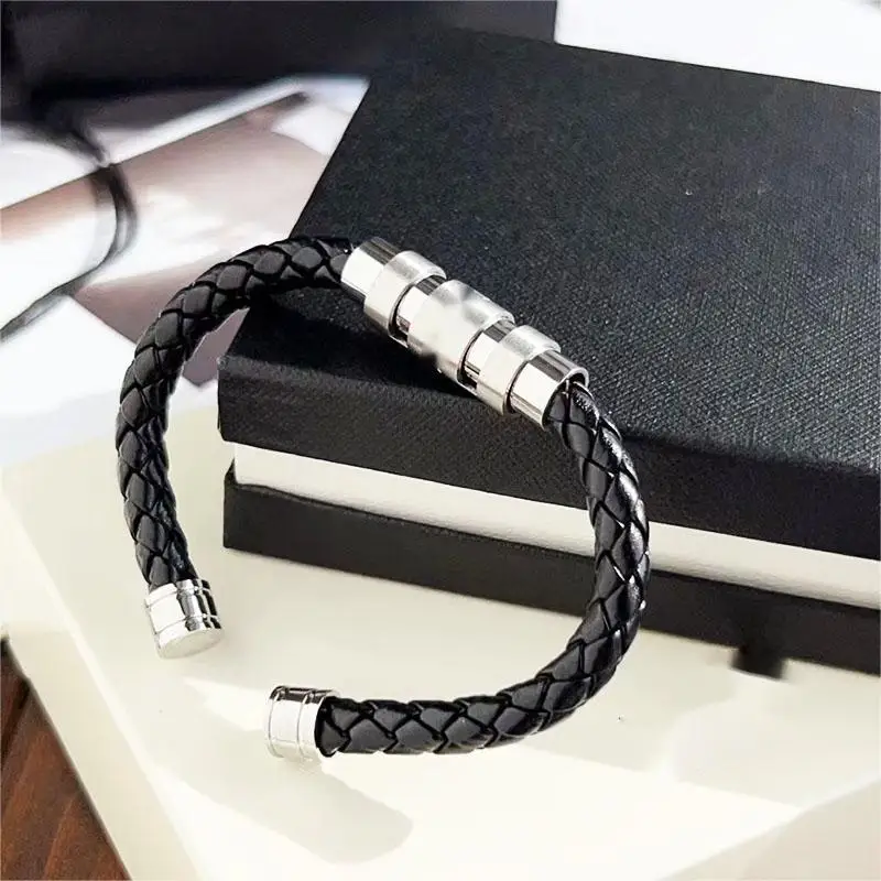 Men Z10 Matte Black Samurai Style Leather Woven Bracelet With MB Six Star Metal Material