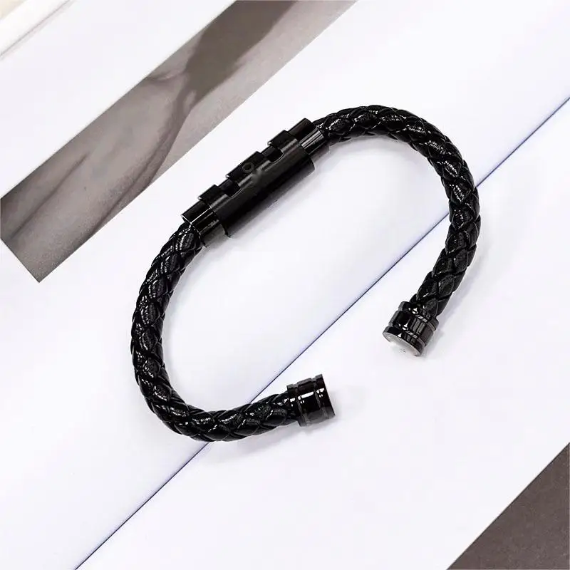 Men Z10 Matte Black Samurai Style Leather Woven Bracelet With MB Six Star Metal Material