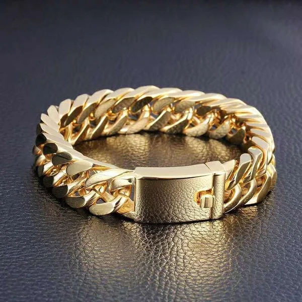 Men Luxury Fashion Hip Hop Curb Chain Bracelet Double Buckle Domineering Bracelet