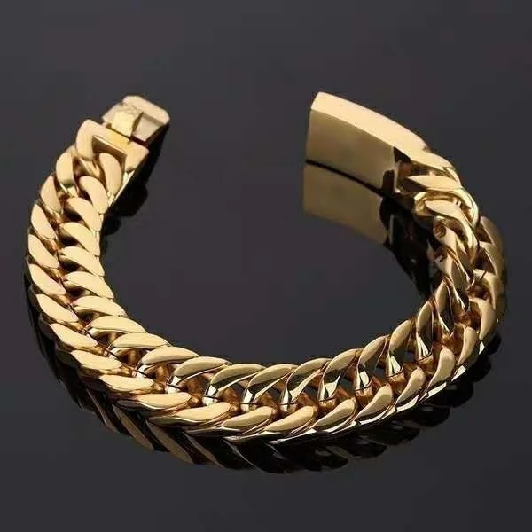 Men Luxury Fashion Hip Hop Curb Chain Bracelet Double Buckle Domineering Bracelet