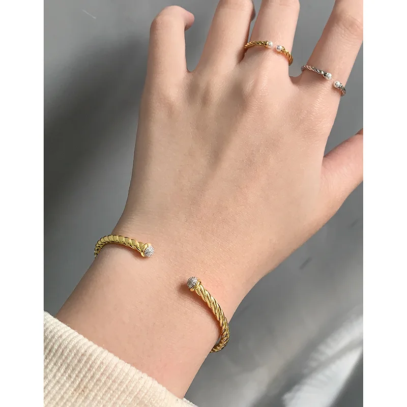 Women Simple Style Zircon Twist Pure S925 Sterling Silver Bracelet Texture Open Wrist Hand Bangle Minimalist Fine Jewel