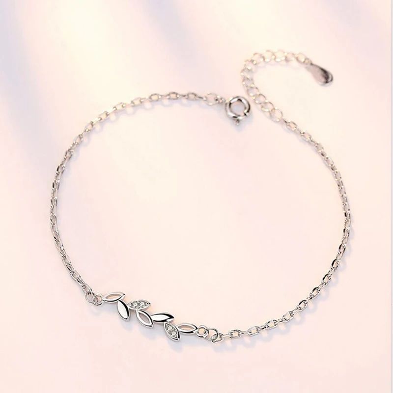 Women New Simple Fashion 925 Sterling Silver Leaves Chain Bracelet  Jewelry