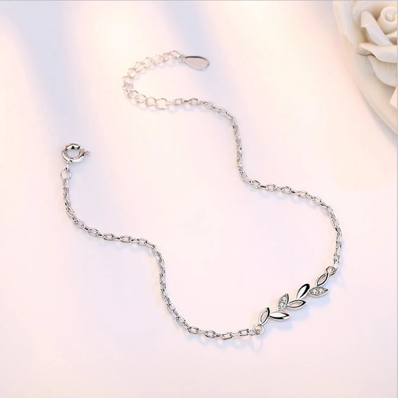 Women New Simple Fashion 925 Sterling Silver Leaves Chain Bracelet  Jewelry