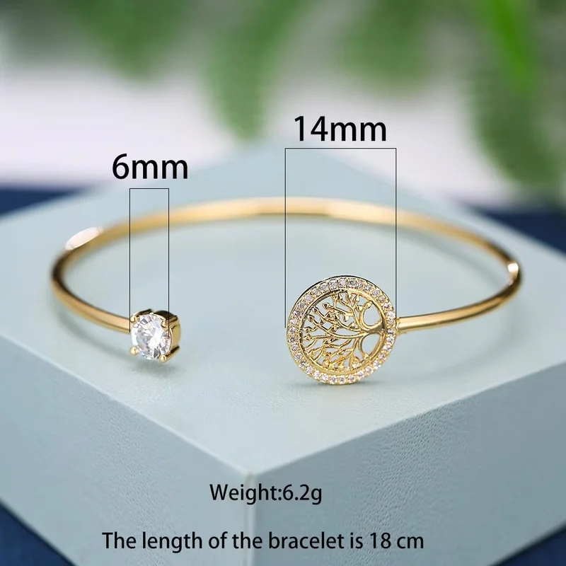Women Luxury Tree of Life Simple Open Bracelet White Zircon Charm Gold Color Bangles Jewelry
