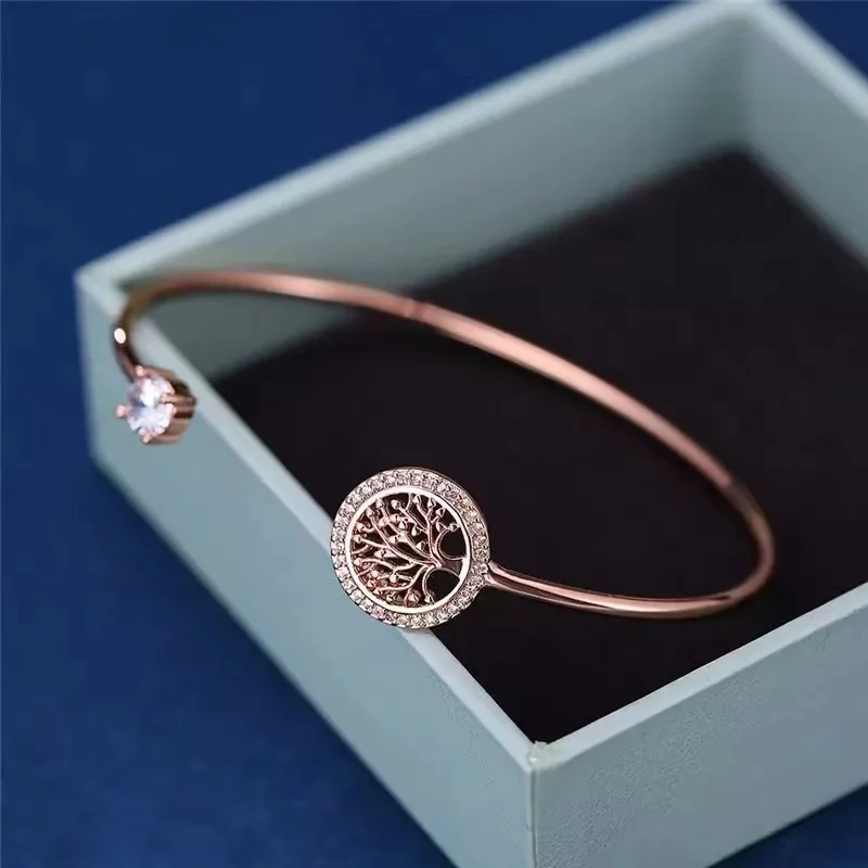 Women Luxury Tree of Life Simple Open Bracelet White Zircon Charm Gold Color Bangles Jewelry